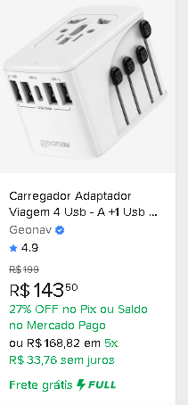 Carregador de Viagem Universal Geonav – 4 USB + 1 USB-C