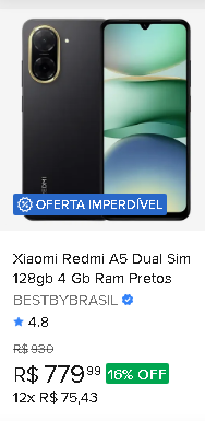 Smartphone Xiaomi Redmi A5 Dual Sim 128GB 4GB RAM Preto