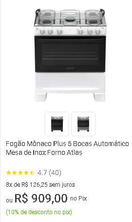 Fogão Mônaco Plus 5 Bocas Automático Atlas