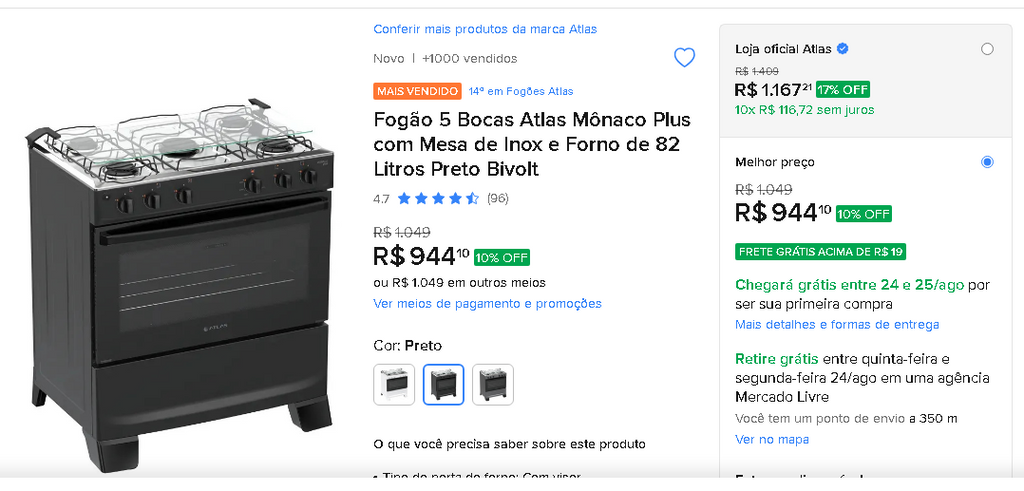 Fogão Mônaco Plus 5 Bocas Automático – Atlas