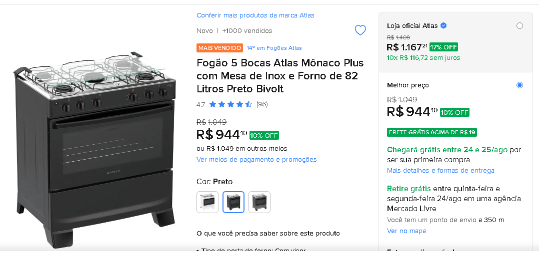 Fogão Mônaco Plus 5 Bocas Automático – Atlas