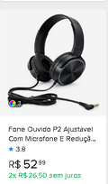 Fone de Ouvido P2 Ajustável com Microfone e Redução de Ruído - 3 Cores