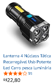 Lanterna 4 Núcleos Tática Recarregável USB Potente LED - Carro, Pesca, Luminária