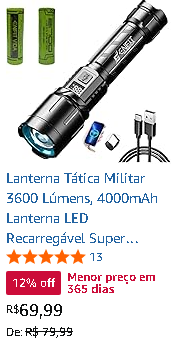 Lanterna Tática Militar 3600 Lúmens – Recarregável USB, Zoom Ajustável