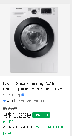 Lava E Seca Samsung WD11M Com Digital Inverter Branca 11kg