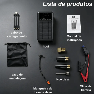 Auxiliar de Partida Solar 4 em 1 S4 – Compressor, Power Bank 10.000mAh e Lanterna LED