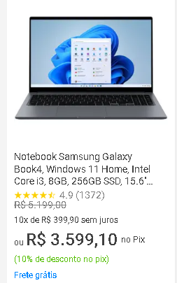 Notebook Samsung Galaxy Book4 15.6 polegadas