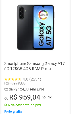 Smartphone Samsung Galaxy A17 5G 128GB Preto